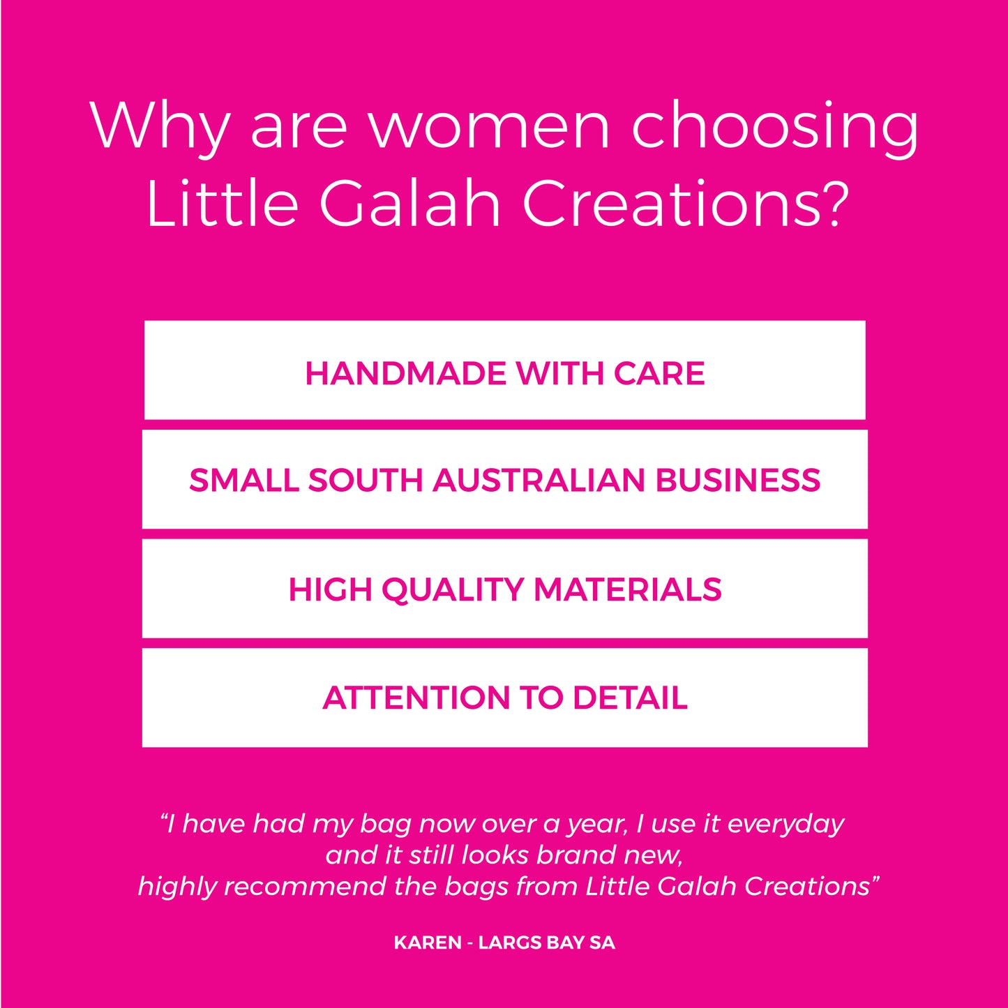 Promotional graphic for Little Galah Creations on a pink background with text about the brand's qualities.