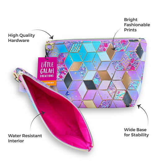 Colorful geometric patterned pouch with open view, labeled features on a white background