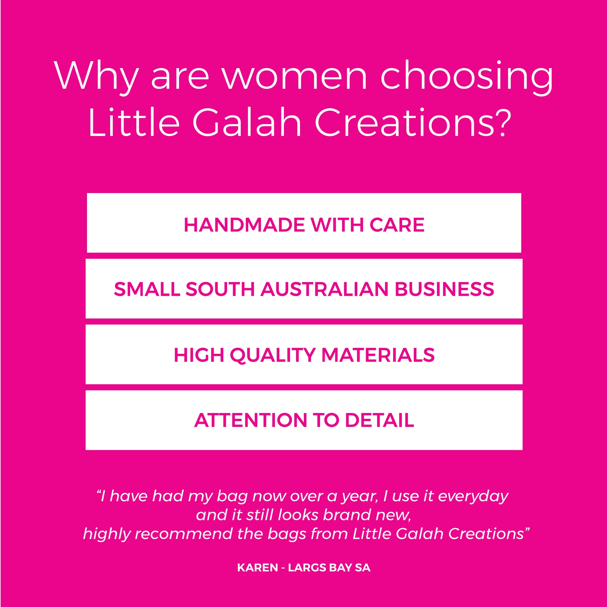 Promotional graphic for Little Galah Creations on a pink background with text about the brand's qualities.