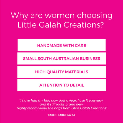 Promotional graphic for Little Galah Creations on a pink background with text about the brand's qualities.